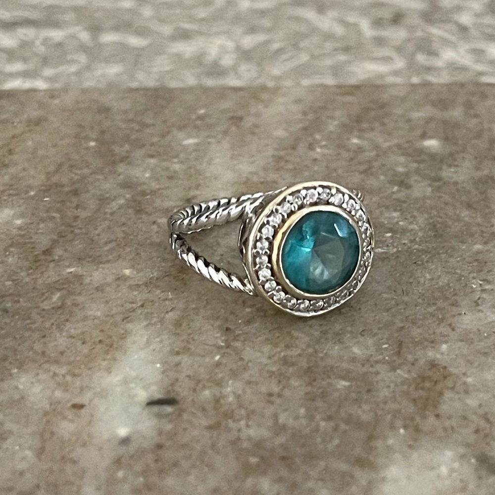 Cable Ring with Blue Stone & Diamond Halo